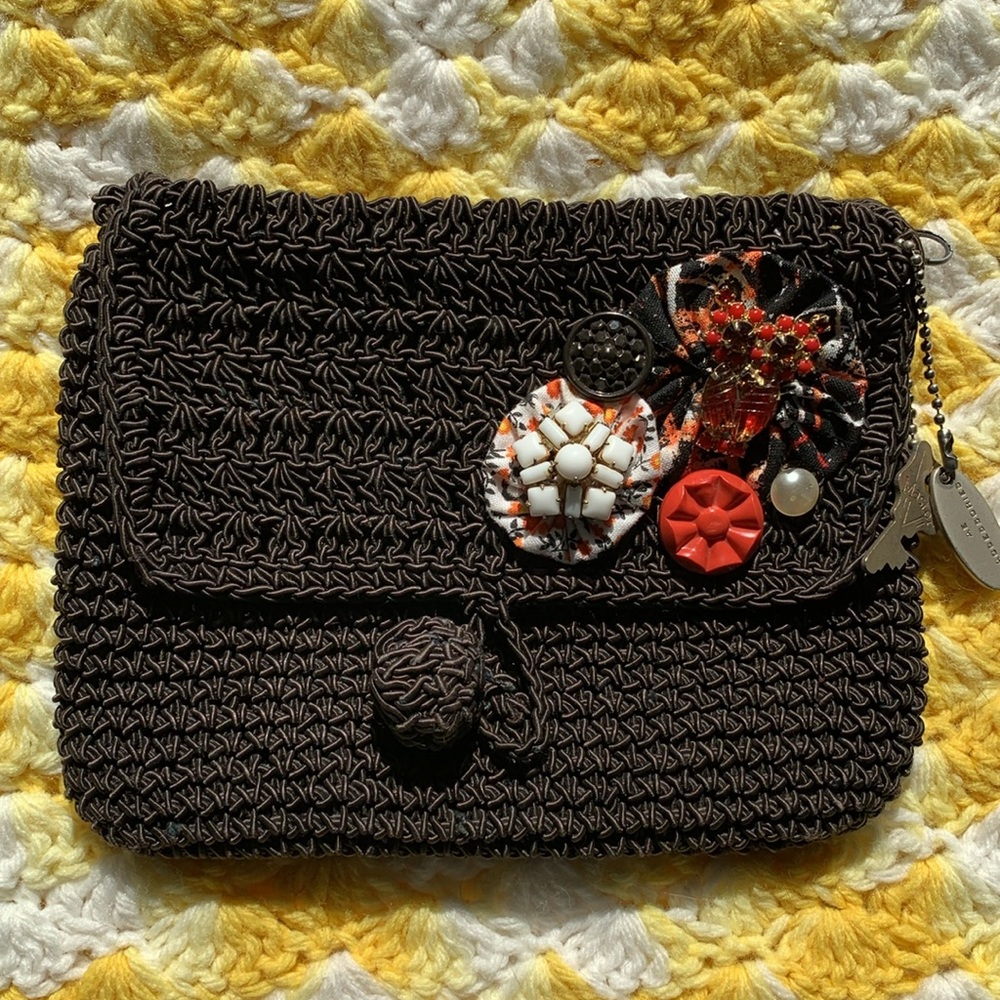 Upcycled Handcrafted Zip Crochet Flap Clutch with Vintage Pin Buttons Owl Theme